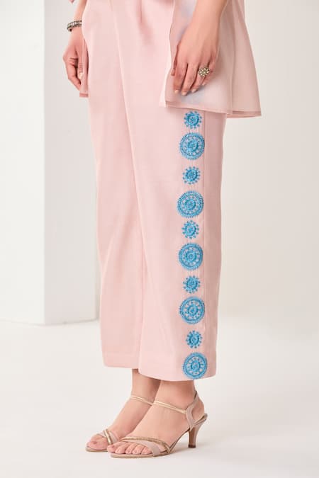 Buy_Sue Mue_Pink Silk, Chanderi Embroidery Collared Pastel Handwoven Co-ordinate Set _Online_at_Aza_Fashions