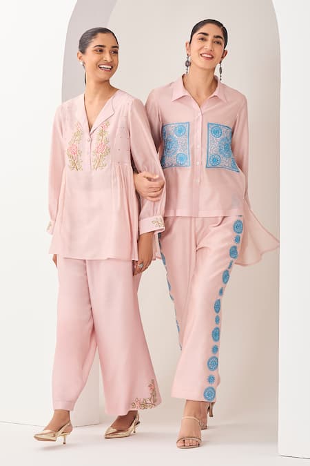 Sue Mue_Pink Silk, Chanderi Embroidery Collared Pastel Handwoven Co-ordinate Set _at_Aza_Fashions