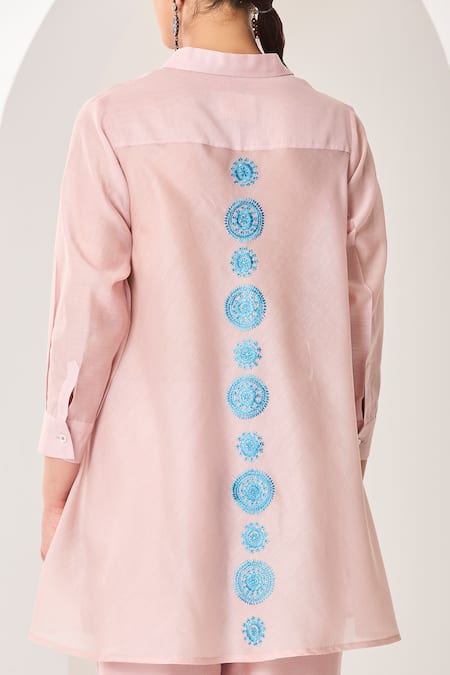 Buy_Sue Mue_Pink Silk, Chanderi Embroidery Collared Pastel Handwoven Co-ordinate Set 