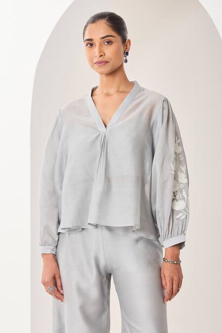 Sue Mue Blue Handloom Cotton, Silk, Chanderi Embroidery, Beads, Ice Handwoven Set Online at Aza Fashions Sue Mue_Blue Handloom Cotton, Silk, Chanderi Embroidery, Beads, Ice Handwoven Set _Online_at_Aza_Fashions