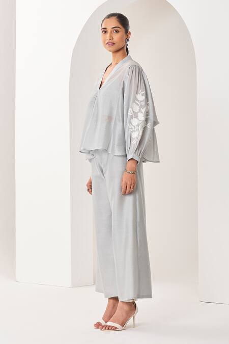 Shop Sue Mue Blue Handloom Cotton, Silk, Chanderi Embroidery, Beads, Ice Handwoven Set Online at Aza Fashions Shop_Sue Mue_Blue Handloom Cotton, Silk, Chanderi Embroidery, Beads, Ice Handwoven Set _Online_at_Aza_Fashions