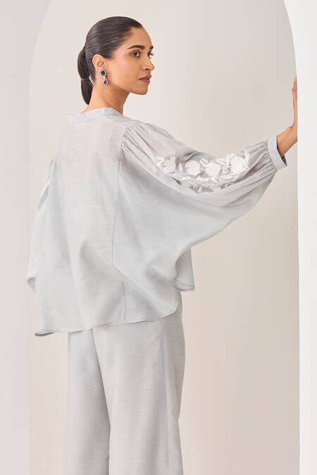 Sue Mue Blue Handloom Cotton, Silk, Chanderi Embroidery, Beads, Ice Handwoven Set at Aza Fashions Sue Mue_Blue Handloom Cotton, Silk, Chanderi Embroidery, Beads, Ice Handwoven Set _at_Aza_Fashions