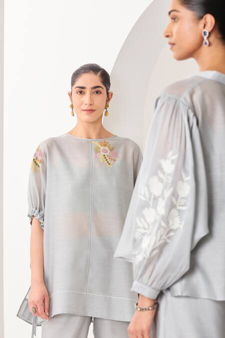 Buy Sue Mue Blue Handloom Cotton, Silk, Chanderi Embroidery, Beads, Ice Handwoven Set Buy_Sue Mue_Blue Handloom Cotton, Silk, Chanderi Embroidery, Beads, Ice Handwoven Set