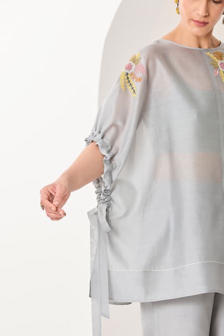 Sue Mue_Blue Silk, Chanderi, Handloom Cotton Embroidery, Handwoven Co-ordinate Set _Online_at_Aza_Fashions