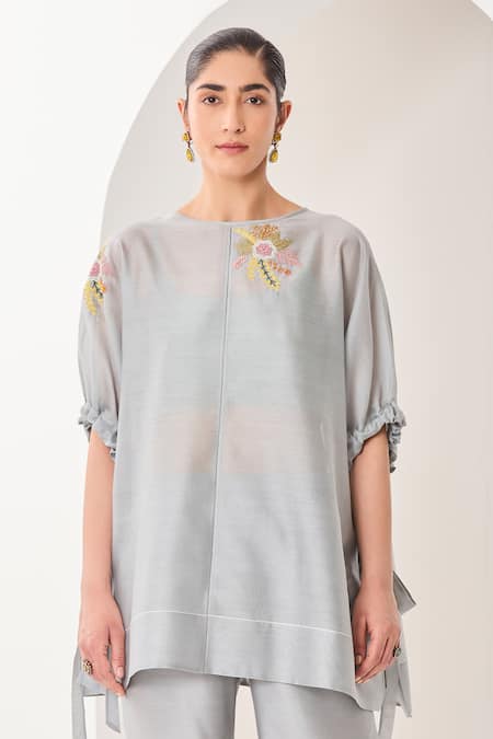 Buy_Sue Mue_Blue Silk, Chanderi, Handloom Cotton Embroidery, Handwoven Co-ordinate Set _Online_at_Aza_Fashions