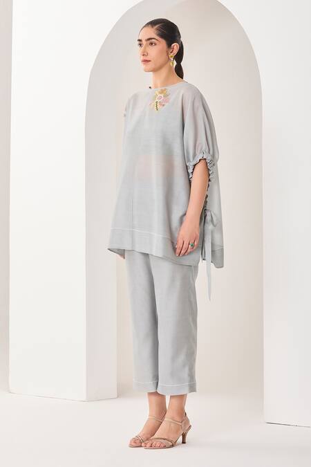 Shop_Sue Mue_Blue Silk, Chanderi, Handloom Cotton Embroidery, Handwoven Co-ordinate Set _Online_at_Aza_Fashions