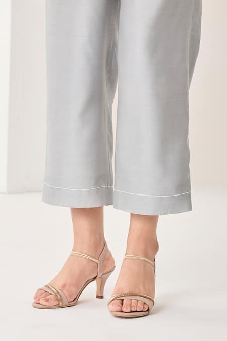 Sue Mue_Blue Silk, Chanderi, Handloom Cotton Embroidery, Handwoven Co-ordinate Set _at_Aza_Fashions