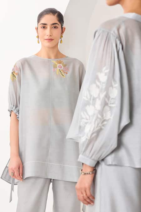 Buy_Sue Mue_Blue Silk, Chanderi, Handloom Cotton Embroidery, Handwoven Co-ordinate Set 