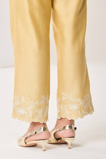 Sue Mue_Yellow Silk, Silk, Embroidery Mandarin Pastel Handwoven Set _Online_at_Aza_Fashions