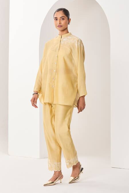Buy_Sue Mue_Yellow Silk, Silk, Embroidery Mandarin Pastel Handwoven Set _Online_at_Aza_Fashions