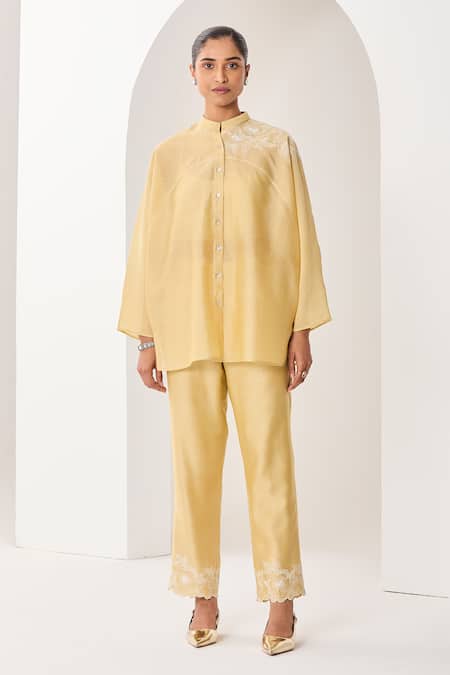 Sue Mue Yellow Silk, Silk, Embroidery Mandarin Pastel Handwoven Set 