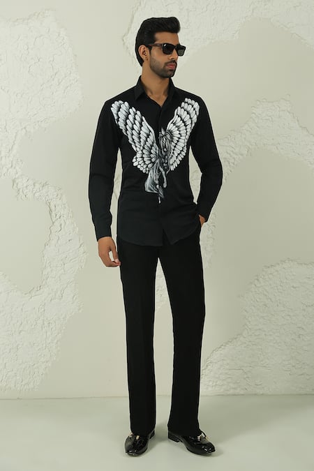 Courtyard By Abhi Black Lycra Handpainted Shirt And Trouser Set 