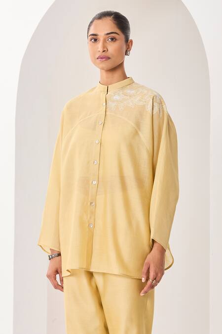 Shop_Sue Mue_Yellow Silk, Silk, Embroidery Mandarin Pastel Handwoven Set _Online_at_Aza_Fashions
