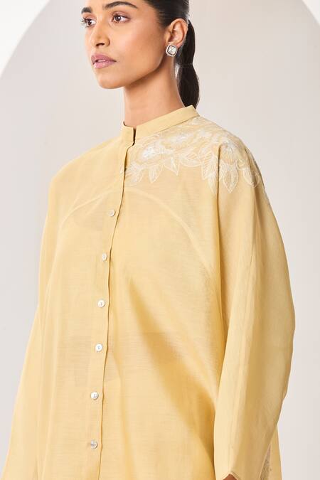Sue Mue_Yellow Silk, Silk, Embroidery Mandarin Pastel Handwoven Set _at_Aza_Fashions