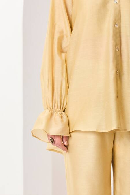 Sue Mue_Yellow Silk, Chanderi Embroidery Mandarin Pastel Handwoven Co-ordinate Set _Online_at_Aza_Fashions