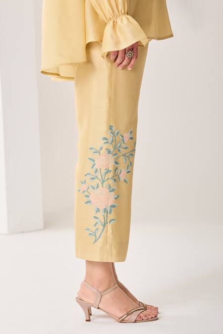 Buy_Sue Mue_Yellow Silk, Chanderi Embroidery Mandarin Pastel Handwoven Co-ordinate Set _Online_at_Aza_Fashions