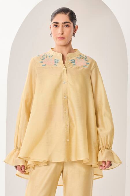 Shop_Sue Mue_Yellow Silk, Chanderi Embroidery Mandarin Pastel Handwoven Co-ordinate Set _Online_at_Aza_Fashions