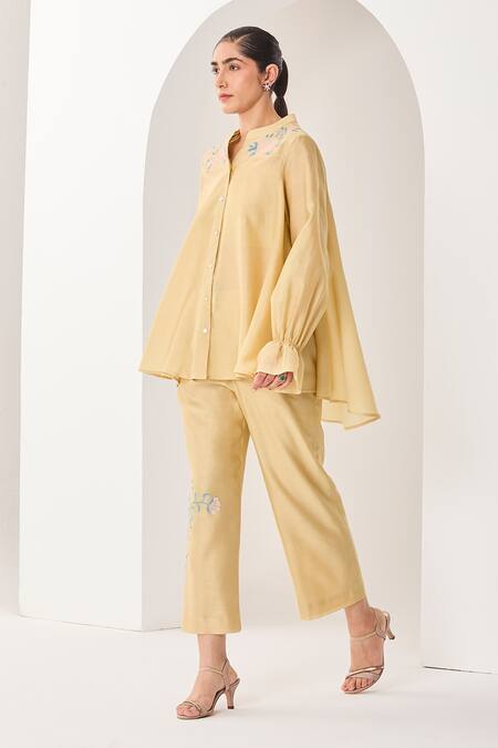 Sue Mue_Yellow Silk, Chanderi Embroidery Mandarin Pastel Handwoven Co-ordinate Set _at_Aza_Fashions