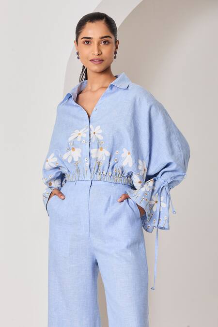 Sue Mue_Blue Linen Embroidery, Applique Collared Powder Co-ordinate Set _Online_at_Aza_Fashions