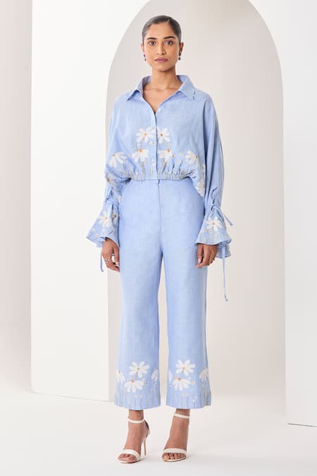 Sue Mue Blue Linen Embroidery, Applique Collared Powder Co-ordinate Set