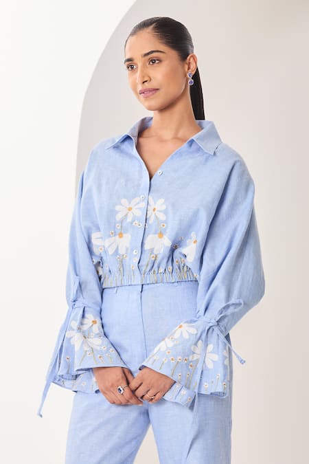 Buy_Sue Mue_Blue Linen Embroidery, Applique Collared Powder Co-ordinate Set _Online_at_Aza_Fashions