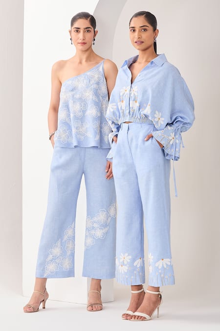 Shop_Sue Mue_Blue Linen Embroidery, Applique Collared Powder Co-ordinate Set _Online_at_Aza_Fashions
