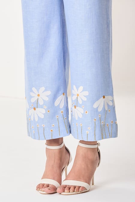 Sue Mue_Blue Linen Embroidery, Applique Collared Powder Co-ordinate Set _at_Aza_Fashions