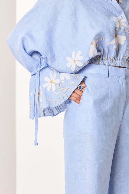 Buy_Sue Mue_Blue Linen Embroidery, Applique Collared Powder Co-ordinate Set 