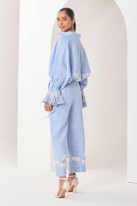 Shop_Sue Mue_Blue Linen Embroidery, Applique Collared Powder Co-ordinate Set 