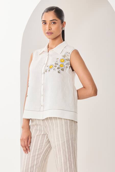 Sue Mue_White Linen Embroidery Collared Floral Shirt And Pant Set _Online_at_Aza_Fashions