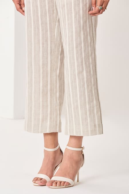 Sue Mue_White Linen Embroidery Collared Floral Shirt And Pant Set _at_Aza_Fashions