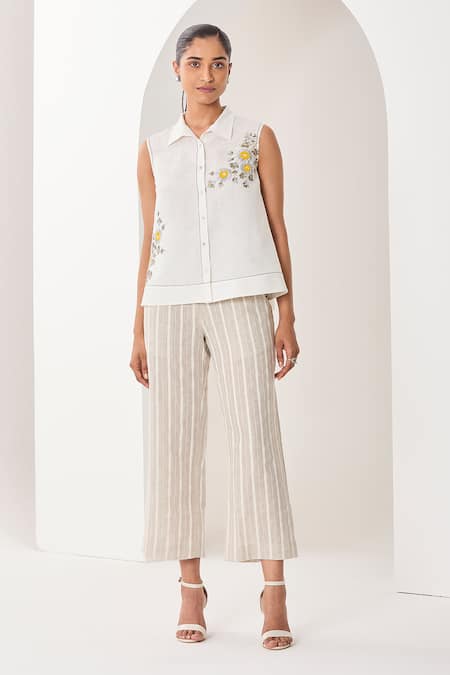 Sue Mue White Linen Embroidery Collared Floral Shirt And Pant Set 
