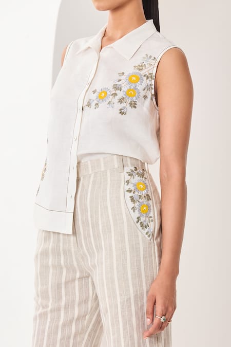 Shop_Sue Mue_White Linen Embroidery Collared Floral Shirt And Pant Set 