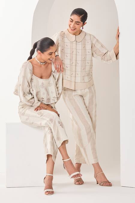 Sue Mue White Linen Embroidery Collared Beige Co-ordinate Set Online at Aza Fashions Sue Mue_White Linen Embroidery Collared Beige Co-ordinate Set _Online_at_Aza_Fashions
