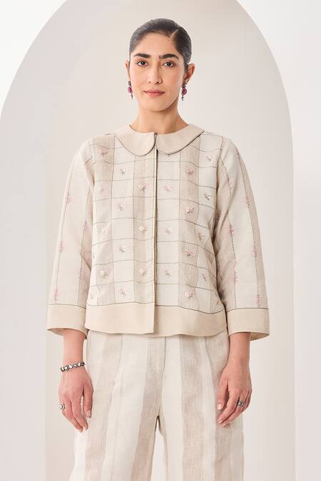 Buy Sue Mue White Linen Embroidery Collared Beige Co-ordinate Set Online at Aza Fashions Buy_Sue Mue_White Linen Embroidery Collared Beige Co-ordinate Set _Online_at_Aza_Fashions