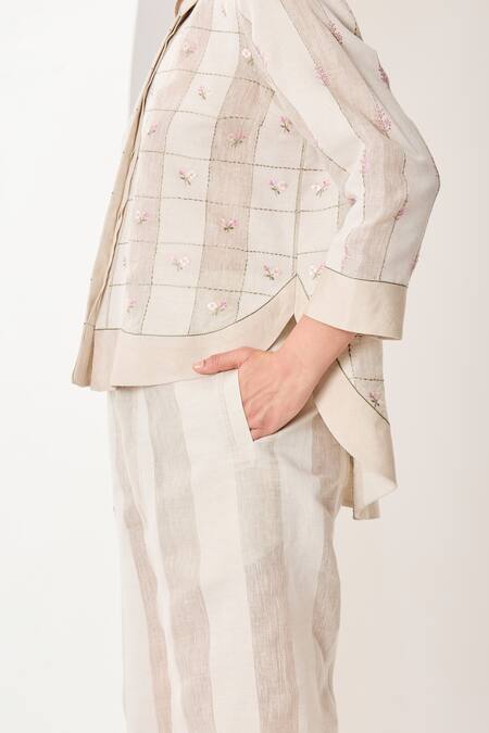 Shop Sue Mue White Linen Embroidery Collared Beige Co-ordinate Set Online at Aza Fashions Shop_Sue Mue_White Linen Embroidery Collared Beige Co-ordinate Set _Online_at_Aza_Fashions