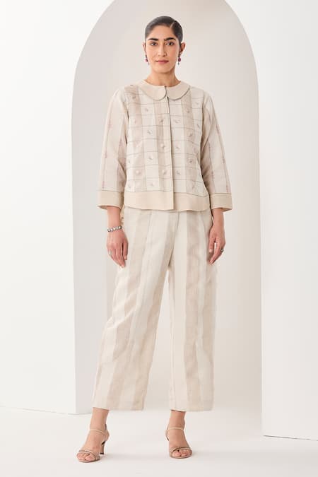 Sue Mue White Linen Embroidery Collared Beige Co-ordinate Set 