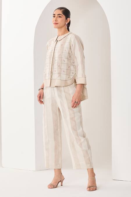 Shop Sue Mue White Linen Embroidery Collared Beige Co-ordinate Set Shop_Sue Mue_White Linen Embroidery Collared Beige Co-ordinate Set