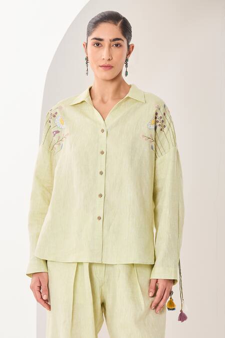 Sue Mue Mint Linen Tassels, Embroidery Collared Green Co-ordinate Set Online at Aza Fashions Sue Mue_Mint Linen Tassels, Embroidery Collared Green Co-ordinate Set _Online_at_Aza_Fashions