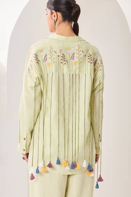 Shop Sue Mue Mint Linen Tassels, Embroidery Collared Green Co-ordinate Set Online at Aza Fashions Shop_Sue Mue_Mint Linen Tassels, Embroidery Collared Green Co-ordinate Set _Online_at_Aza_Fashions