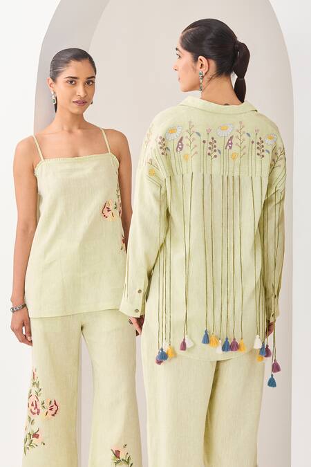 Sue Mue Mint Linen Tassels, Embroidery Collared Green Co-ordinate Set at Aza Fashions Sue Mue_Mint Linen Tassels, Embroidery Collared Green Co-ordinate Set _at_Aza_Fashions