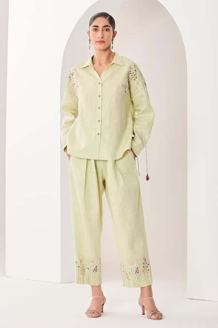 Sue Mue Mint Linen Tassels, Embroidery Collared Green Co-ordinate Set 