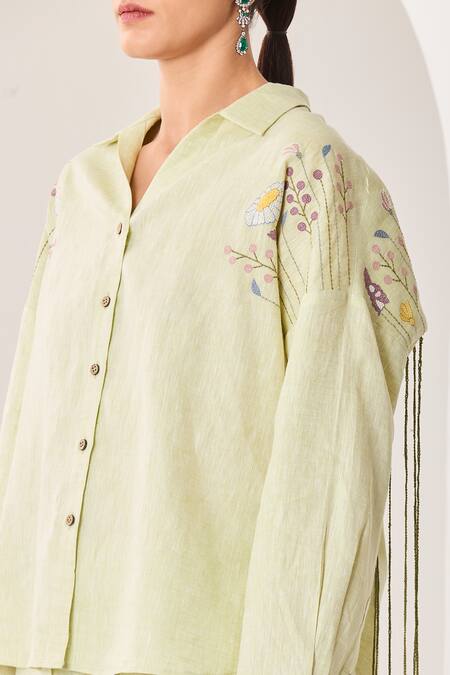 Buy Sue Mue Mint Linen Tassels, Embroidery Collared Green Co-ordinate Set Buy_Sue Mue_Mint Linen Tassels, Embroidery Collared Green Co-ordinate Set