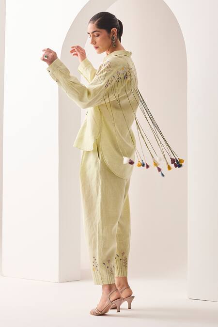 Shop Sue Mue Mint Linen Tassels, Embroidery Collared Green Co-ordinate Set Shop_Sue Mue_Mint Linen Tassels, Embroidery Collared Green Co-ordinate Set