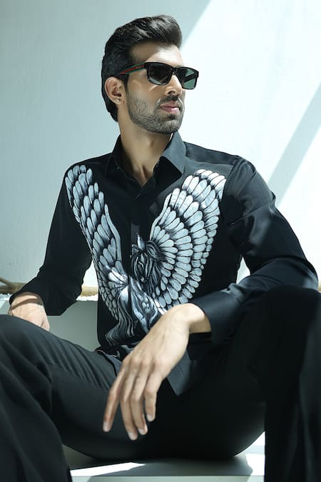 Courtyard By Abhi_Black Lycra Handpainted Shirt And Trouser Set _Online_at_Aza_Fashions