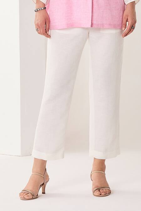 Sue Mue_Pink Linen Embroidery, Applique Round Neck Light Colour-blocked Shirt And Pant _Online_at_Aza_Fashions