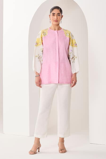 Sue Mue Light Pink Colour-Blocked Linen Shirt & Pant 