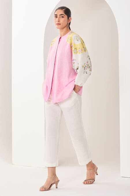 Buy_Sue Mue_Pink Linen Embroidery, Applique Round Neck Light Colour-blocked Shirt And Pant _Online_at_Aza_Fashions