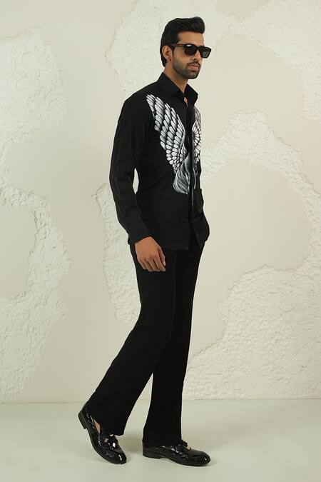 Buy_Courtyard By Abhi_Black Lycra Handpainted Shirt And Trouser Set _Online_at_Aza_Fashions