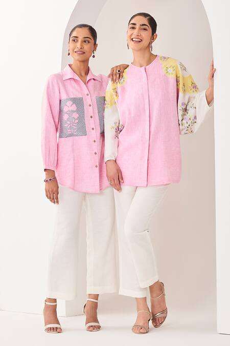 Shop_Sue Mue_Pink Linen Embroidery, Applique Round Neck Light Colour-blocked Shirt And Pant _Online_at_Aza_Fashions